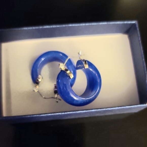 Shop LC Blue Dyed Jade Hoop Earrings 925 Silver Rhodium Plated - Picture 3 of 3